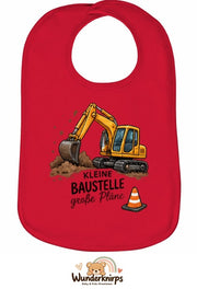 Baby-Lätzchen Olli-01 in Rot mit Motiv Kleine Baustelle – Bagger