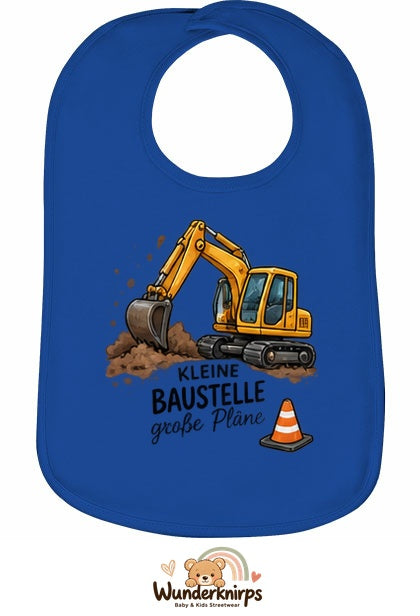 Baby-Lätzchen Olli-01 in Royalblau mit Motiv Kleine Baustelle – Bagger