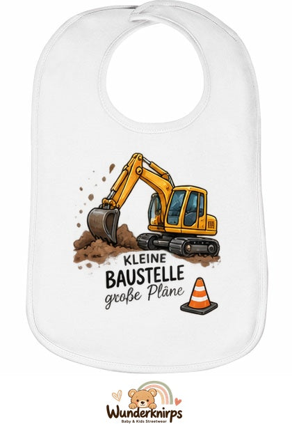 Baby-Lätzchen Olli-01 in Weiß mit Motiv Kleine Baustelle – Bagger