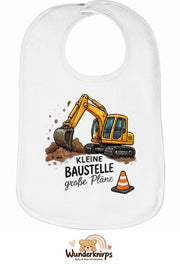 Baby-Lätzchen Olli-01 in Weiß mit Motiv Kleine Baustelle – Bagger