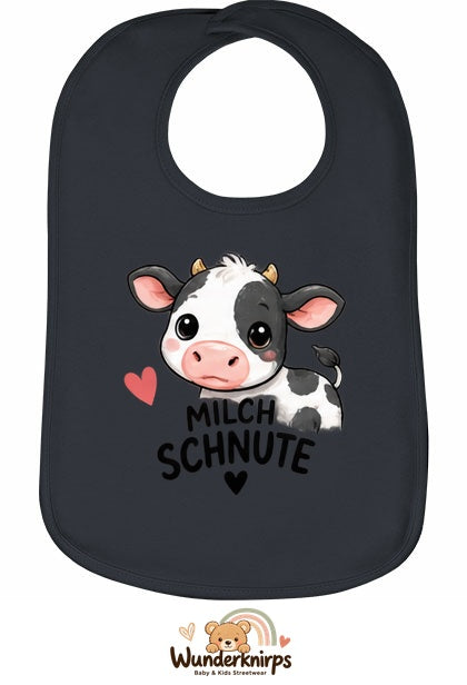 Baby-Lätzchen Olli-01 in Anthrazit mit Motiv Milchschnute – Kuh