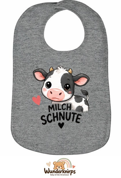 Baby-Lätzchen Olli-01 in Grau meliert mit Motiv Milchschnute – Kuh