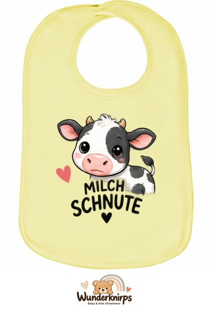 Baby-Lätzchen Olli-01 in Pastellgelb mit Motiv Milchschnute – Kuh