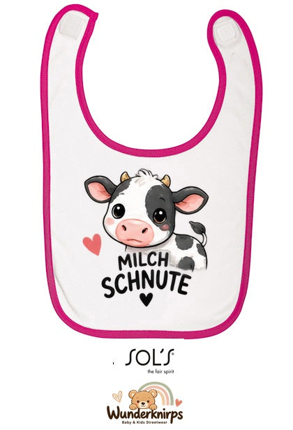 Baby-Lätzchen SOL’S Babib in Weiß / Fuchsia mit Motiv Milchschnute – Kuh