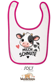 Baby-Lätzchen SOL’S Babib in Weiß / Fuchsia mit Motiv Milchschnute – Kuh