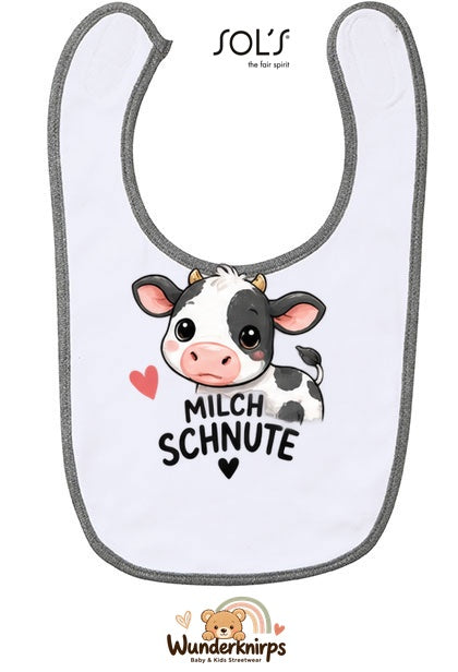 Baby-Lätzchen SOL’S Babib in Weiß / Grau meliert mit Motiv Milchschnute – Kuh