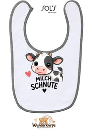 Baby-Lätzchen SOL’S Babib in Weiß / Grau meliert mit Motiv Milchschnute – Kuh