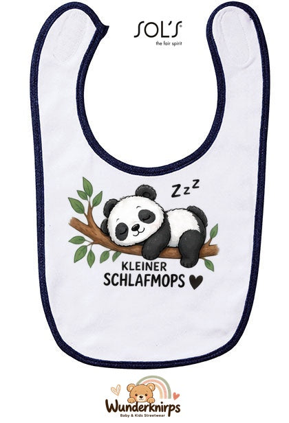 Baby-Lätzchen SOL’S Babib in Weiß / Marineblau mit Motiv Kleiner Schlafmops – Panda