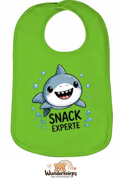 Baby-Lätzchen Olli-01 in Apfelgrün mit Motiv Snack-Experte – Hai