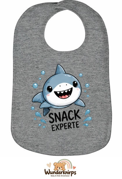Baby-Lätzchen Olli-01 in Grau meliert mit Motiv Snack-Experte – Hai