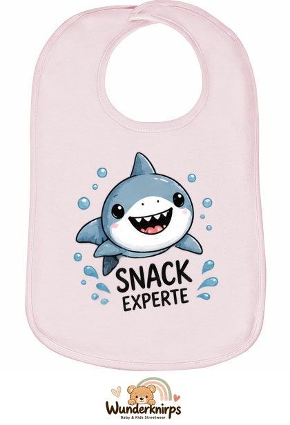 Baby-Lätzchen Olli-01 in Pastellrosa mit Motiv Snack-Experte – Hai