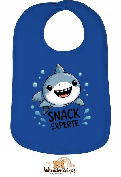 Baby-Lätzchen Olli-01 in Royalblau mit Motiv Snack-Experte – Hai