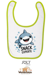 Baby-Lätzchen SOL’S Babib in Weiß / Apfelgrün mit Motiv Snack-Experte – Hai