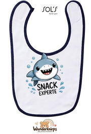 Baby-Lätzchen SOL’S Babib in Weiß / Marineblau mit Motiv Snack-Experte – Hai