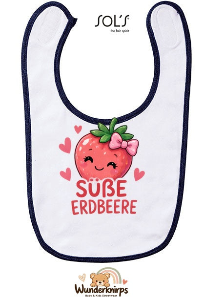 Baby-Lätzchen SOL’S Babib in Weiß / Marineblau mit Motiv Süße Erdbeere