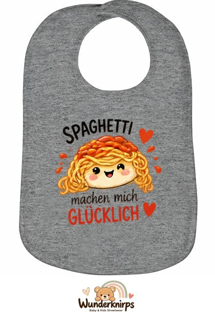 Baby-Lätzchen Olli-01 in Grau meliert mit Motiv Spaghetti machen mich glücklich