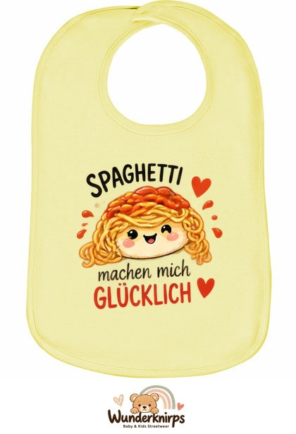 Baby-Lätzchen Olli-01 in Pastellgelb mit Motiv Spaghetti machen mich glücklich