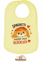 Baby-Lätzchen Olli-01 in Pastellgelb mit Motiv Spaghetti machen mich glücklich