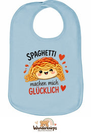 Baby-Lätzchen Olli-01 in Pastellblau mit Motiv Spaghetti machen mich glücklich