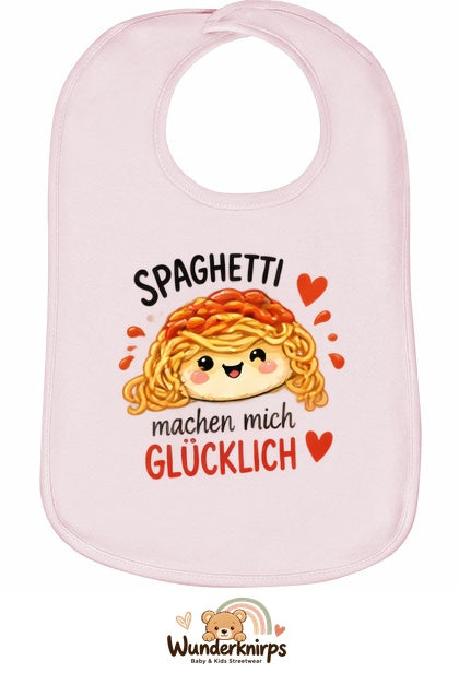 Baby-Lätzchen Olli-01 in Pastellrosa mit Motiv Spaghetti machen mich glücklich