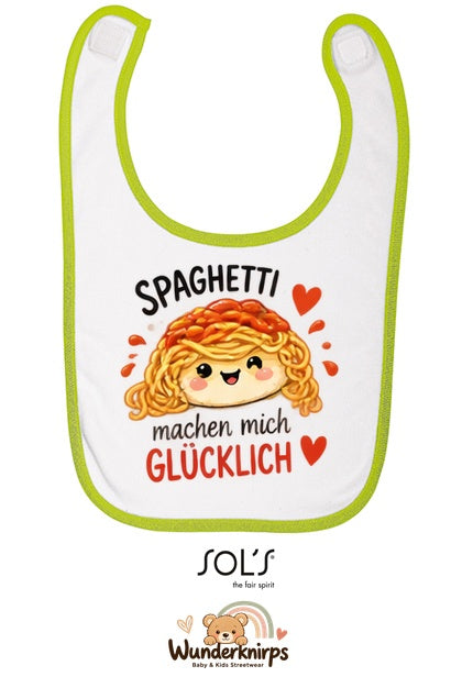 Baby-Lätzchen SOL’S Babib in Weiß / Apfelgrün mit Motiv Spaghetti machen mich glücklich
