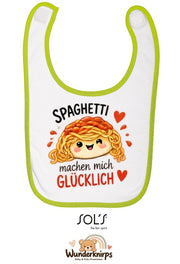 Baby-Lätzchen SOL’S Babib in Weiß / Apfelgrün mit Motiv Spaghetti machen mich glücklich