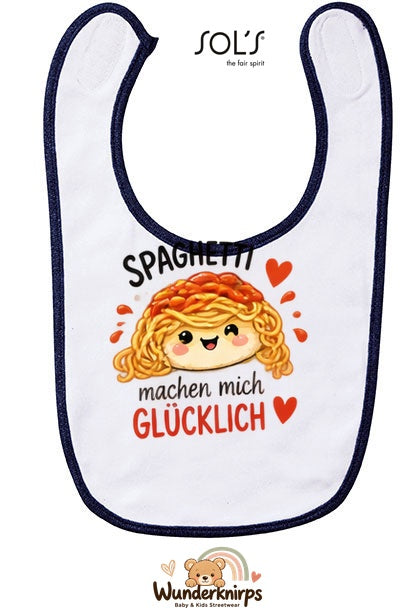 Baby-Lätzchen SOL’S Babib in Weiß / Marineblau mit Motiv Spaghetti machen mich glücklich