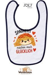 Baby-Lätzchen SOL’S Babib in Weiß / Marineblau mit Motiv Spaghetti machen mich glücklich