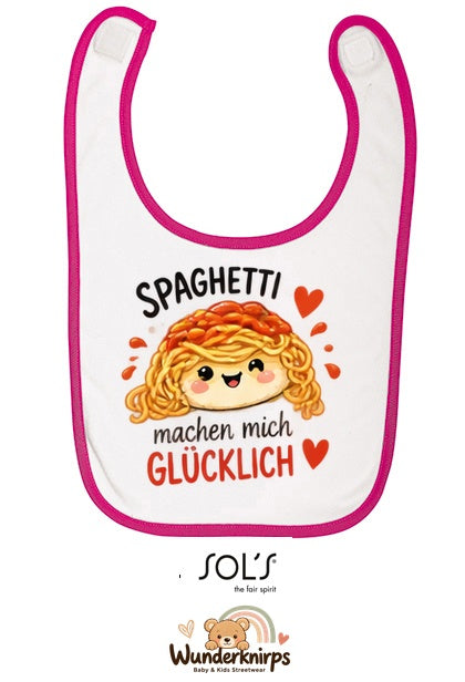 Baby-Lätzchen SOL’S Babib in Weiß / Fuchsia mit Motiv Spaghetti machen mich glücklich