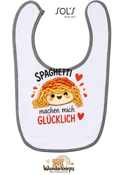 Baby-Lätzchen SOL’S Babib in Weiß / Grau meliert mit Motiv Spaghetti machen mich glücklich