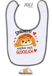 Baby-Lätzchen SOL’S Babib in Weiß / Grau meliert mit Motiv Spaghetti machen mich glücklich