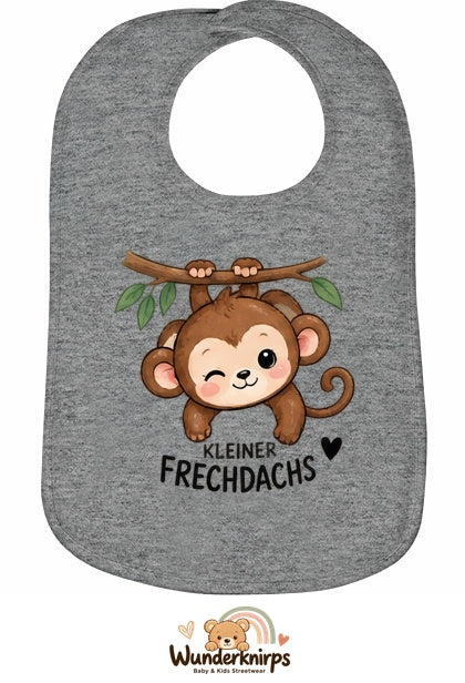 Baby-Lätzchen Olli-01 in Grau meliert mit Motiv Kleiner Frechdachs – Affe