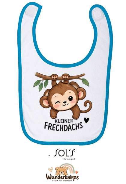 Baby-Lätzchen SOL’S Babib in Weiß / Aqua mit Motiv Kleiner Frechdachs – Affe