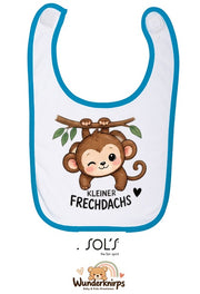 Baby-Lätzchen SOL’S Babib in Weiß / Aqua mit Motiv Kleiner Frechdachs – Affe