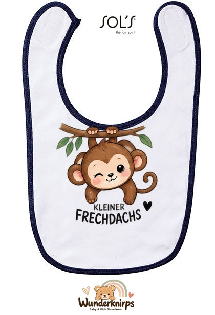 Baby-Lätzchen SOL’S Babib in Weiß / Marineblau mit Motiv Kleiner Frechdachs – Affe