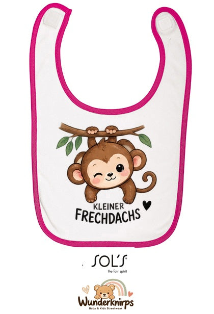 Baby-Lätzchen SOL’S Babib in Weiß / Fuchsia mit Motiv Kleiner Frechdachs – Affe