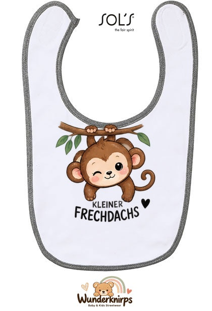 Baby-Lätzchen SOL’S Babib in Weiß / Grau meliert mit Motiv Kleiner Frechdachs – Affe