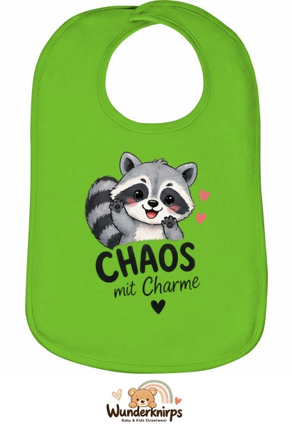 Baby-Lätzchen Olli-01 in Apfelgrün mit Motiv Chaos mit Charme – Waschbär