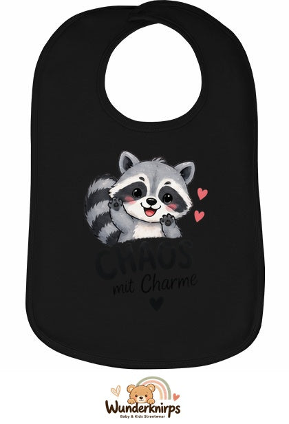 Baby-Lätzchen Olli-01 in Schwarz mit Motiv Chaos mit Charme – Waschbär