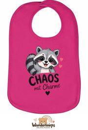 Baby-Lätzchen Olli-01 in Pink mit Motiv Chaos mit Charme – Waschbär
