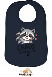 Baby-Lätzchen Olli-01 in Marineblau mit Motiv Chaos mit Charme – Waschbär