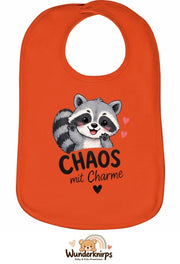Baby-Lätzchen Olli-01 in Orange mit Motiv Chaos mit Charme – Waschbär