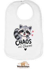 Baby-Lätzchen Olli-01 in Weiß mit Motiv Chaos mit Charme – Waschbär
