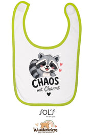 Baby-Lätzchen SOL’S Babib in Weiß / Apfelgrün mit Motiv Chaos mit Charme – Waschbär