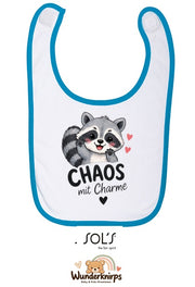 Baby-Lätzchen SOL’S Babib in Weiß / Aqua mit Motiv Chaos mit Charme – Waschbär