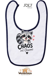 Baby-Lätzchen SOL’S Babib in Weiß / Marineblau mit Motiv Chaos mit Charme – Waschbär