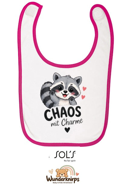 Baby-Lätzchen SOL’S Babib in Weiß / Fuchsia mit Motiv Chaos mit Charme – Waschbär