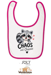 Baby-Lätzchen SOL’S Babib in Weiß / Fuchsia mit Motiv Chaos mit Charme – Waschbär