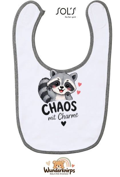 Baby-Lätzchen SOL’S Babib in Weiß / Grau meliert mit Motiv Chaos mit Charme – Waschbär