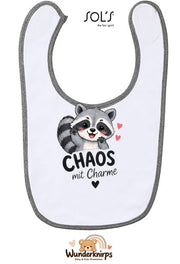 Baby-Lätzchen SOL’S Babib in Weiß / Grau meliert mit Motiv Chaos mit Charme – Waschbär